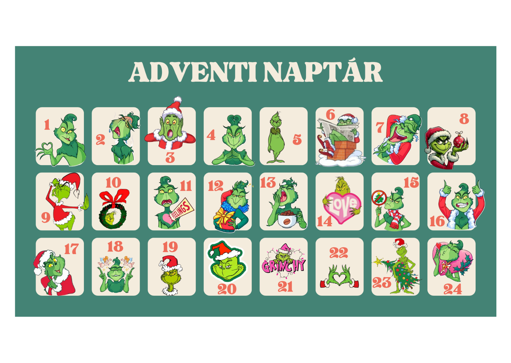Nyomtatható adventi naptár Grincs témájú napi feladatokkal és rejtvényekkel
