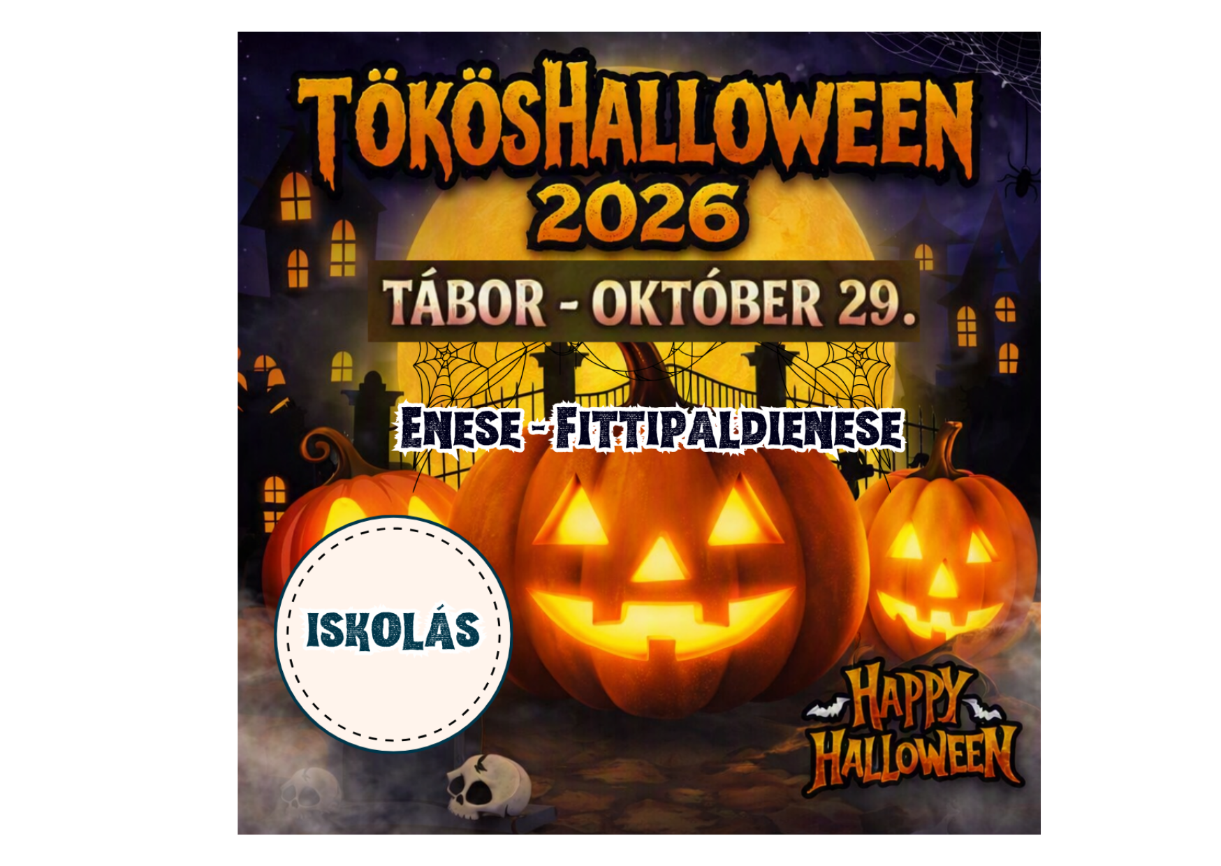 TökösHalloween tábor plakátja Eneséről, tökökkel és halloweeni háttérrel.