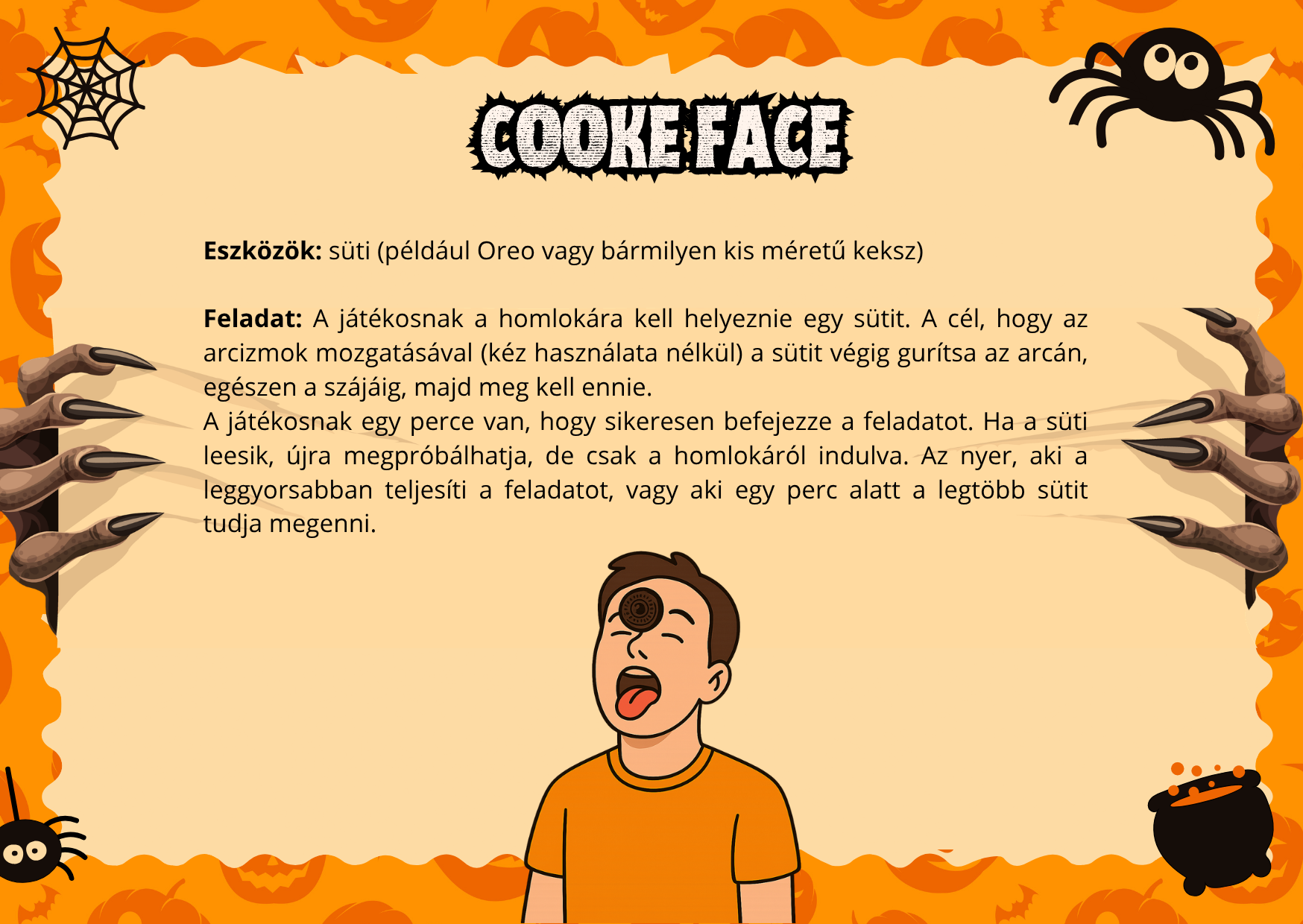 Halloween kekszevő ügyességi kihívás gyerekeknek