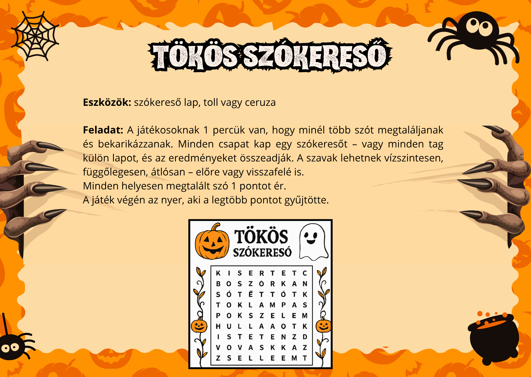 Halloween tökös szókereső feladat gyerekeknek