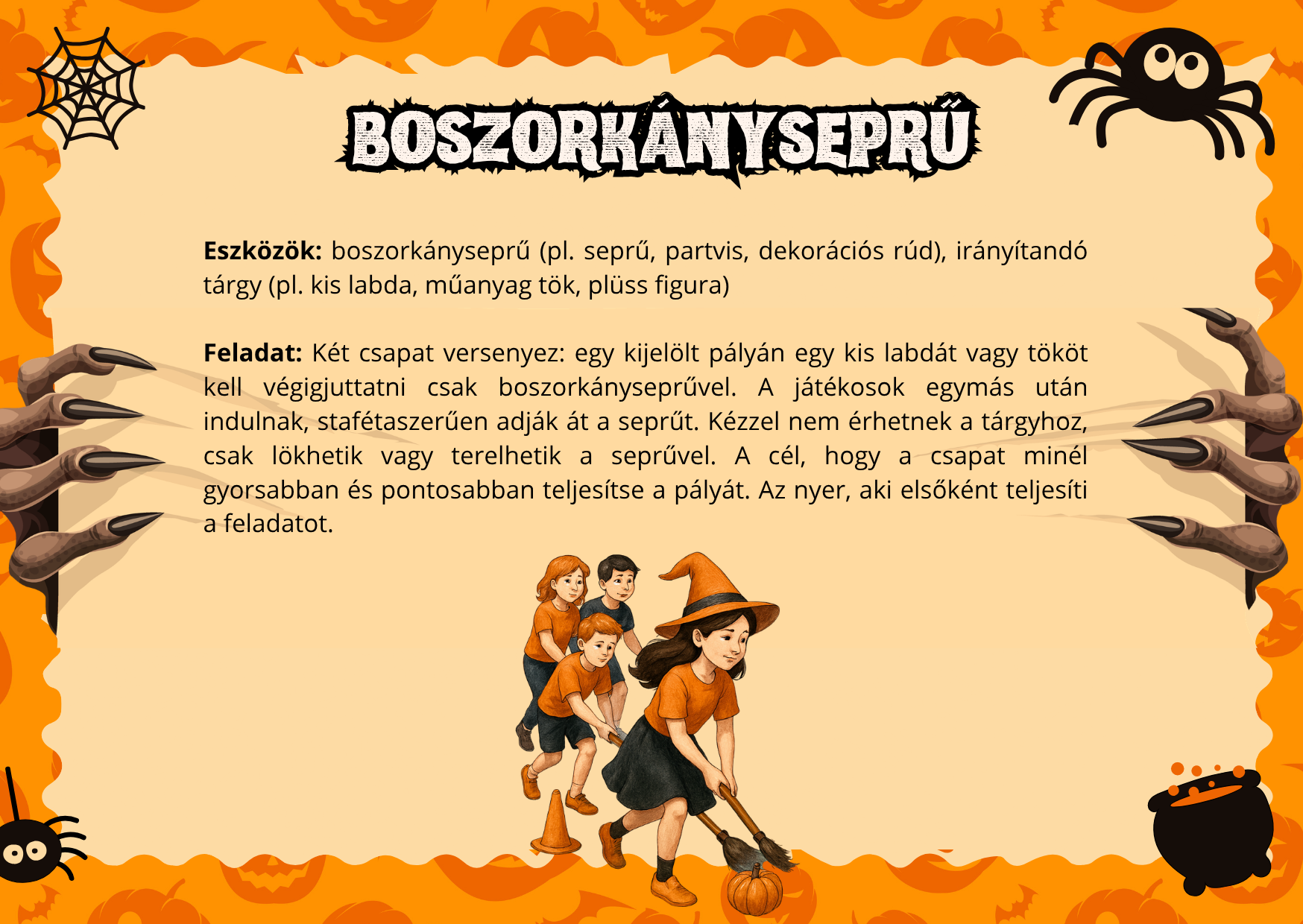 Halloween boszorkányseprű csapatverseny gyerekeknek