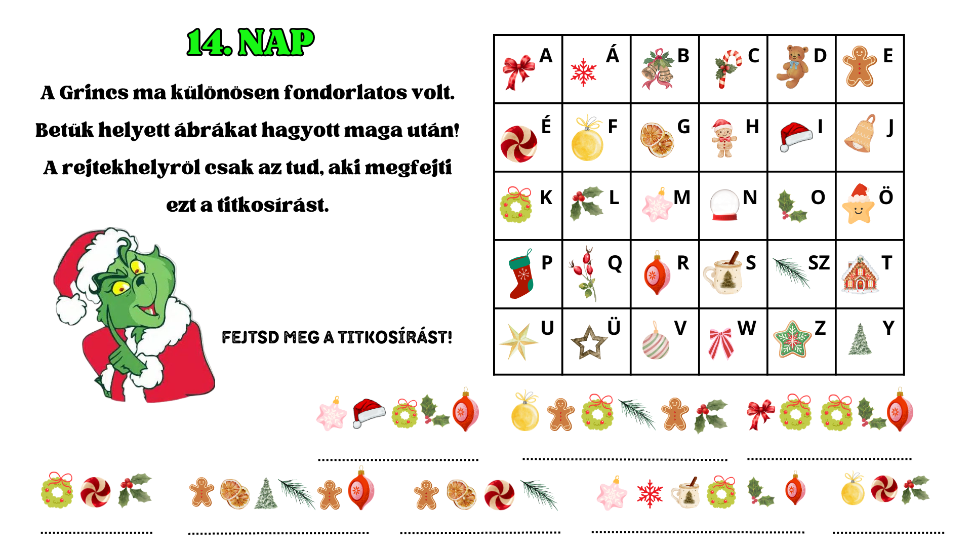 Adventi naptár feladat gyerekeknek, karácsonyi titkosírás megfejtése