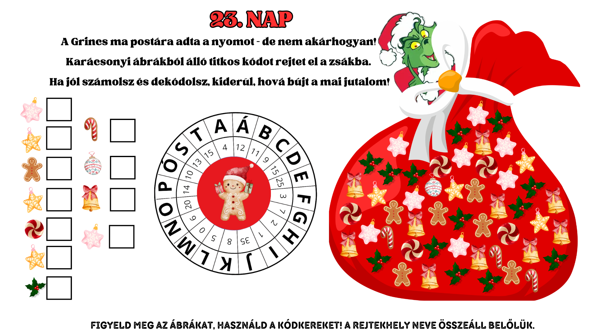 Adventi naptár feladat gyerekeknek, karácsonyi kódfejtő és logikai rejtvény